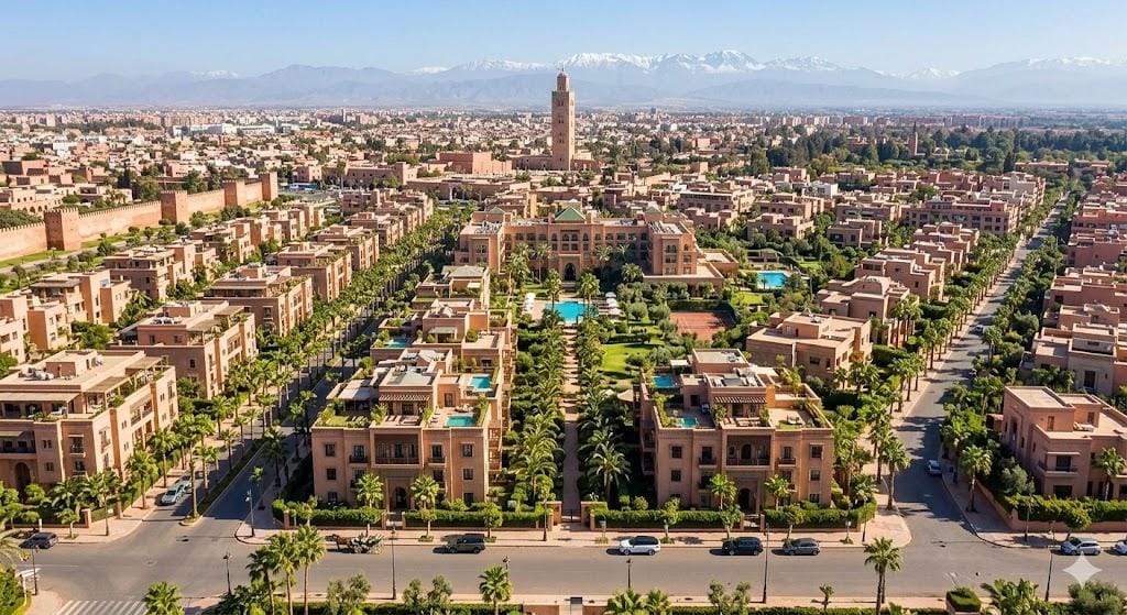Vue aérienne de Marrakech avec résidences de luxe, piscines, la mosquée Koutoubia et les montagnes de l'Atlas en arrière-plan - Forever Finance Immobilier