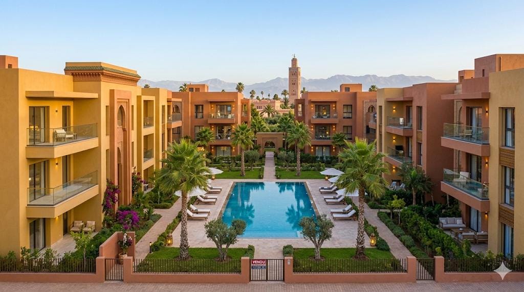 Résidence de prestige à Marrakech avec piscine centrale, jardins tropicaux, appartements avec balcons et vue sur la Koutoubia - Forever Finance Immobilier